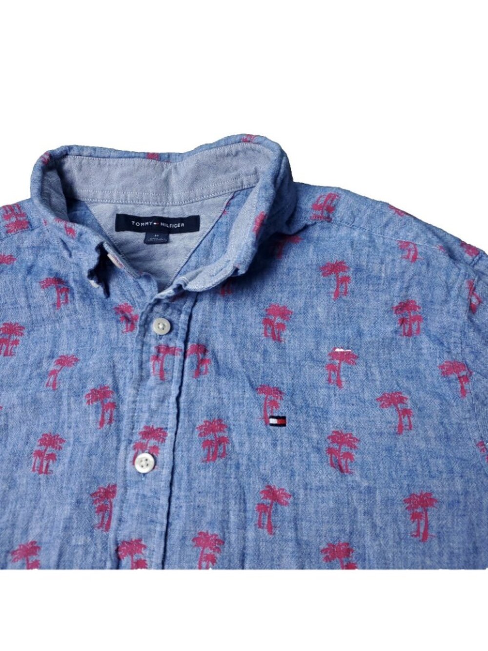 Tommy Hilfiger Linen Shirt Men M Medium Blue Cotton Button Short Sleeve Hawaiian - Picture 1 of 8